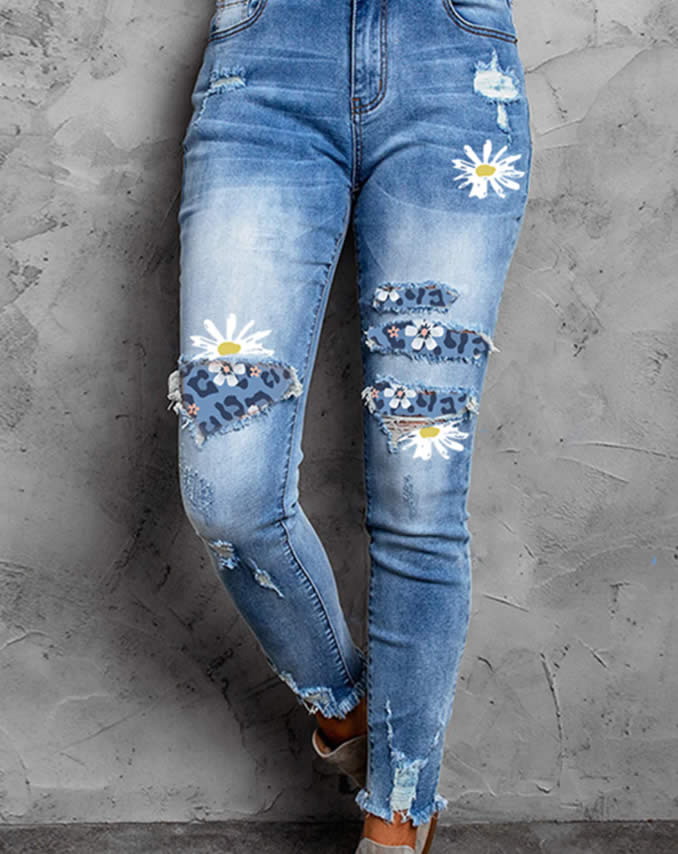 CASUAL FLORAL PRINT RIPPED JEANS