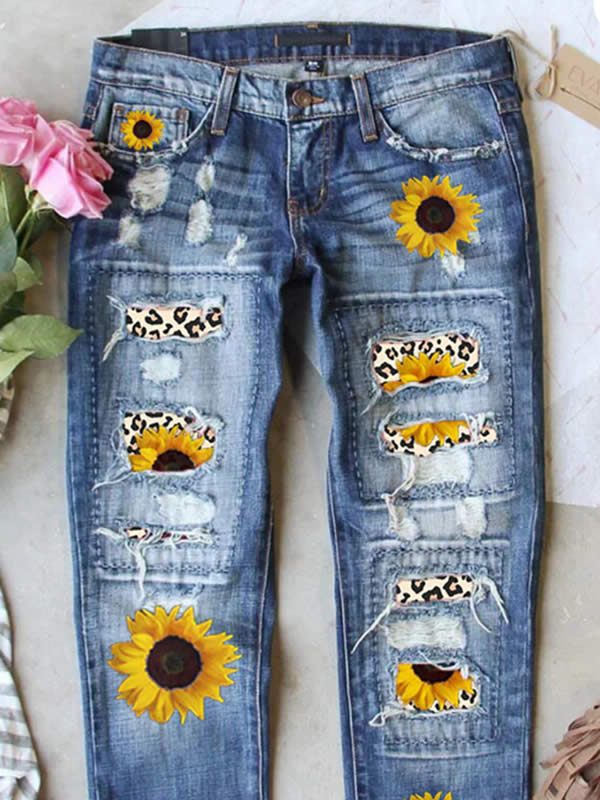 SUNFLOWER FLORAL RIPPED JEANS