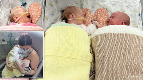 Caitlin Knight welcomed three identical girls in August (Picture: SWNS)