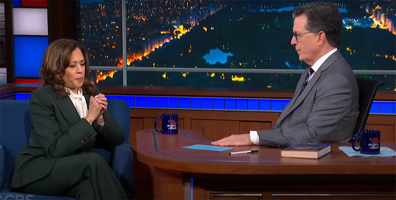 Kamala Harris and Stephen Colbert