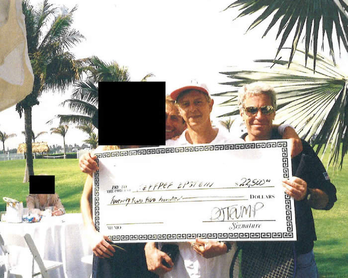 Jeffrey Epstein with the cheque for 22,500