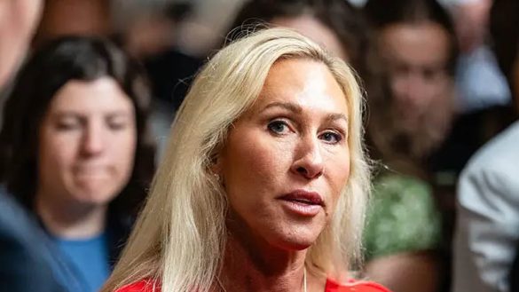 Marjorie Taylor Greene defends herself after backlash over TV spots. (Photo Credit: Eric Lee/Bloomberg via Getty Images)