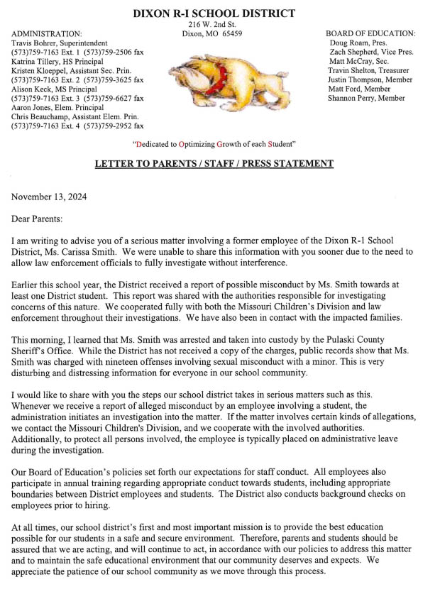 Dixon R-1 school district Letter