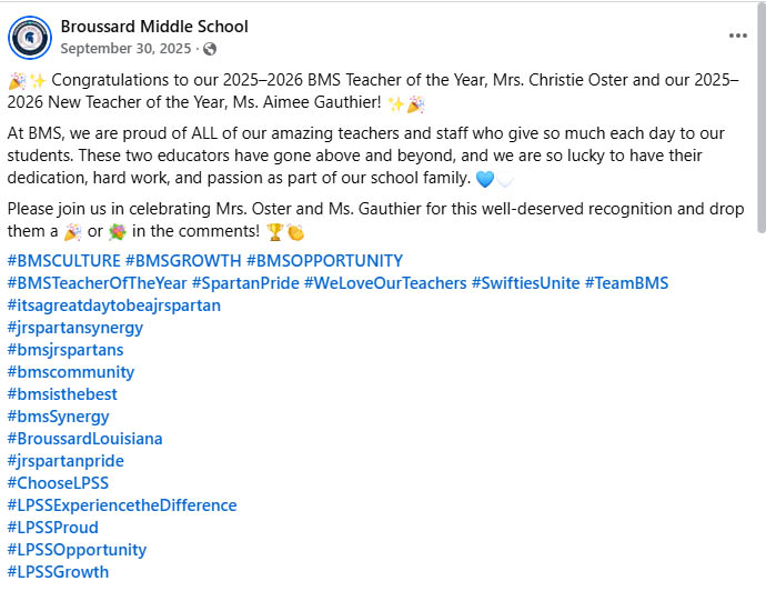 Broussard Middle School Facebook Post