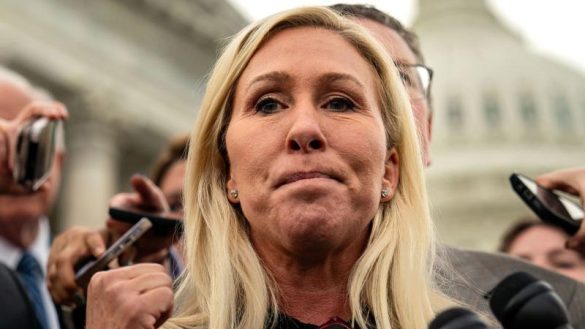 Marjorie Taylor Greene Rebukes Trump and Weak Republicans for attack on lawmaker’s wife. (Photo by Kent Nishimura/Getty Images)